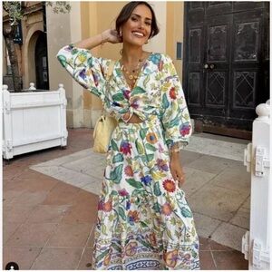 PRINTED LINEN BLEND KNOTTED DRESS